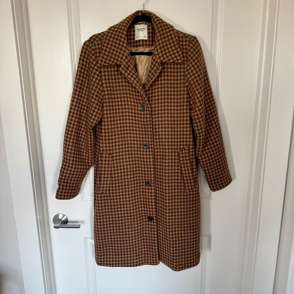 abercrombie & fitch brown houndstooth wool blend trench coat - medium